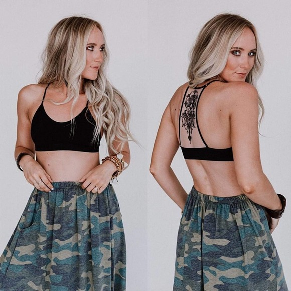 Black Floral Lace Mesh Racerback Tattoo Bralette - Picture 7 of 16